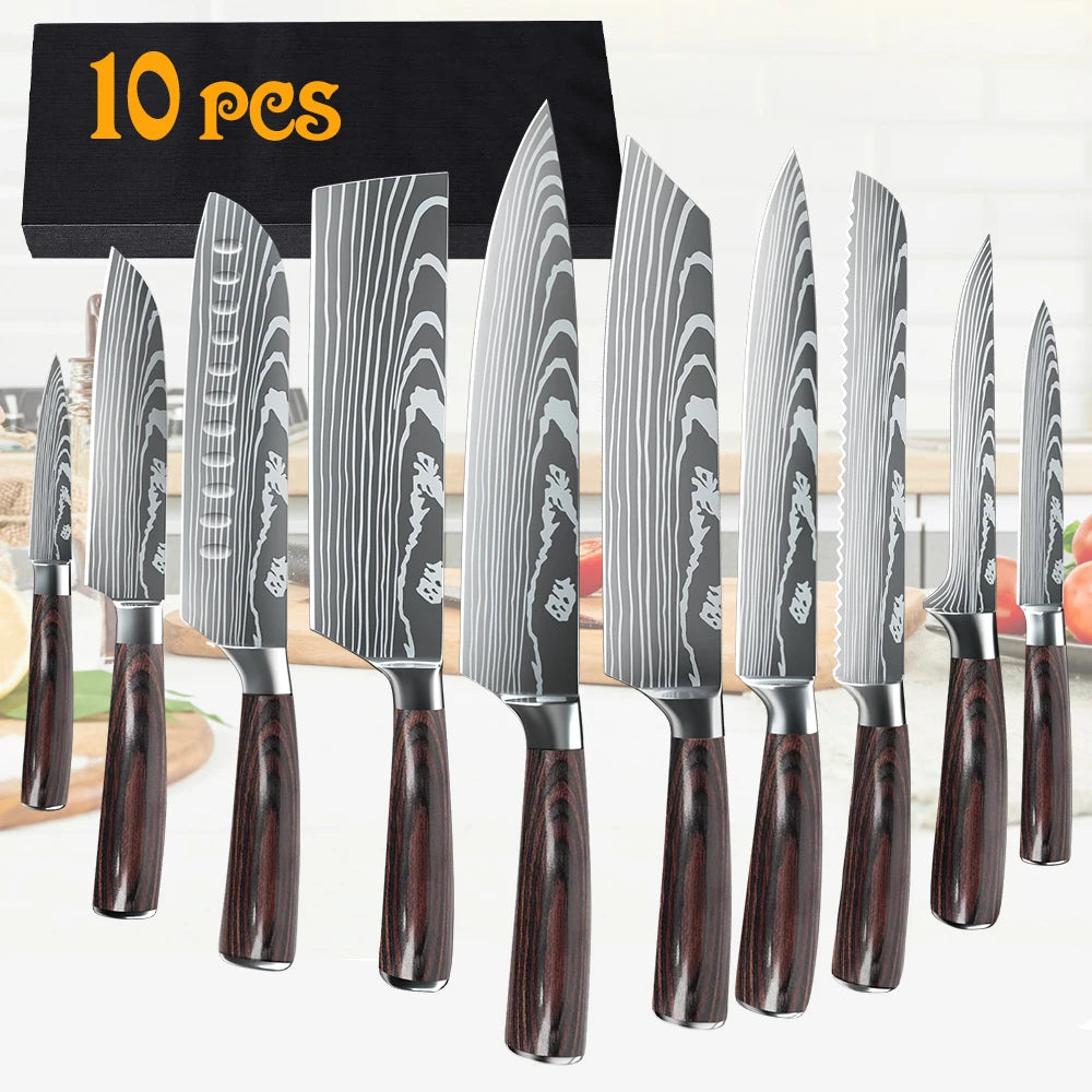 8/10pcs Gift Kitchen Knives Set  Pattern Chef Knife High Carbon