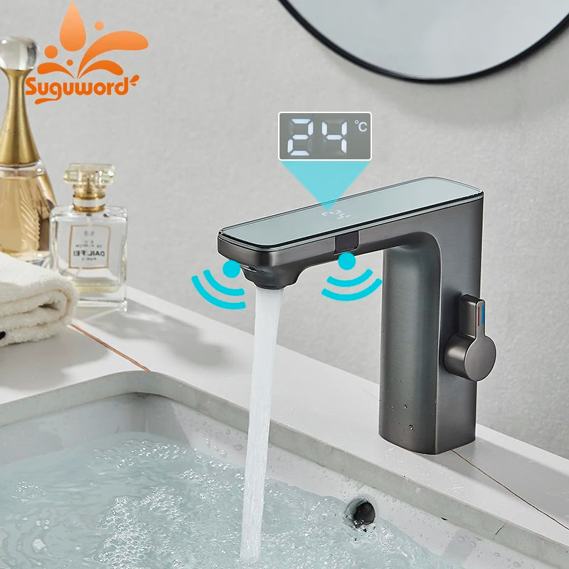 Luxury Silver Gray Smart LCD Daul Sensor Bathroom Basin Faucet Zinc Alloy Deck Mount